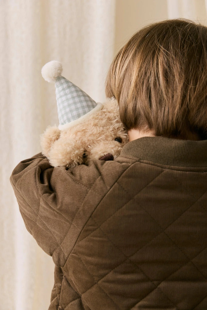 A young child with short brown hair in a brown quilted jacket hugs the Snuggle Bunnies - Birthday Arthur - Gingham plush toy, featuring a blue and white checkered hat with a white pom-pom. Soft, warm light and sheer curtains complete the cozy scene.