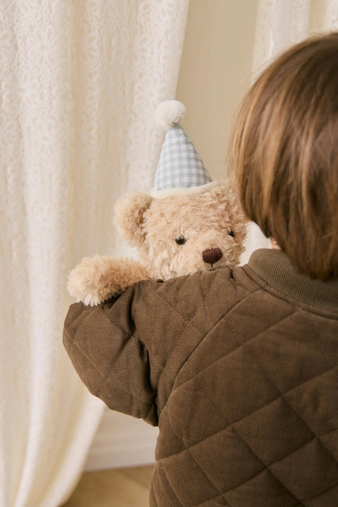 A young child with brown hair and a brown quilted jacket holds the Snuggle Bunnies - Birthday Arthur - Gingham plush toy, standing in front of a cream-colored curtain.