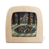 The "Silhouette Only - February for Toverlux Lamp" showcases a wooden frame with translucent nighttime forest art—mountain, tall trees, pond with glowing orbs, stars, and green northern lights—ideal as a unique home accessory. Ships in one week.