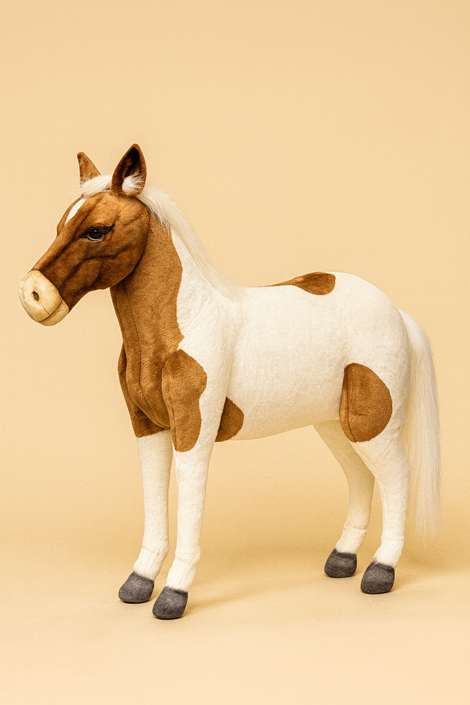 The Large Pony Stuffed Animal, 42'' - FINAL SALE, features brown and white patches, a white mane and tail, and gray hooves. This realistic plush by HANSA stands upright against a plain beige background and is expertly hand sewn.