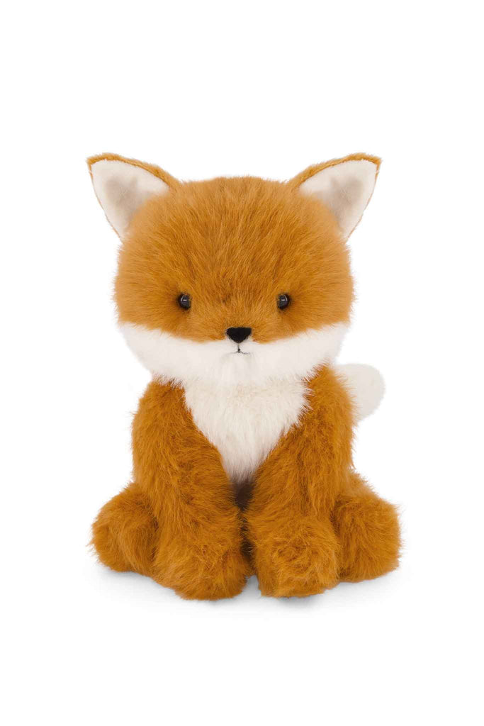 Archie the Fox from the Snuggle Bunnies collection is a fluffy, rust-colored plush with a white chest, sitting upright as a safe stuffed animal for toddlers.