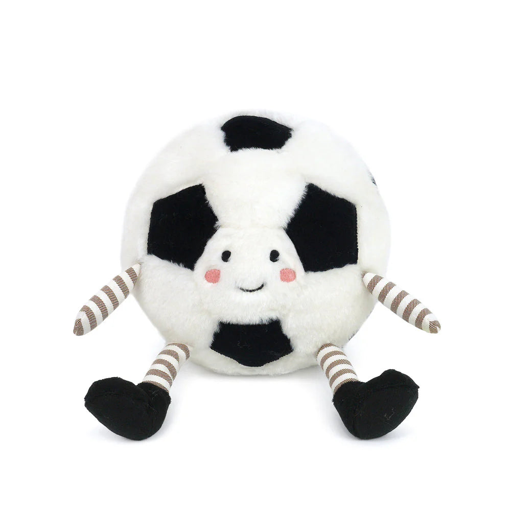 The Mon Ami - Sergio Soccer Ball Plush Toy, featuring a smiling face, rosy cheeks, striped arms and legs, and black shoes, sits against a white background—an adorable soccer gift for any fan.
