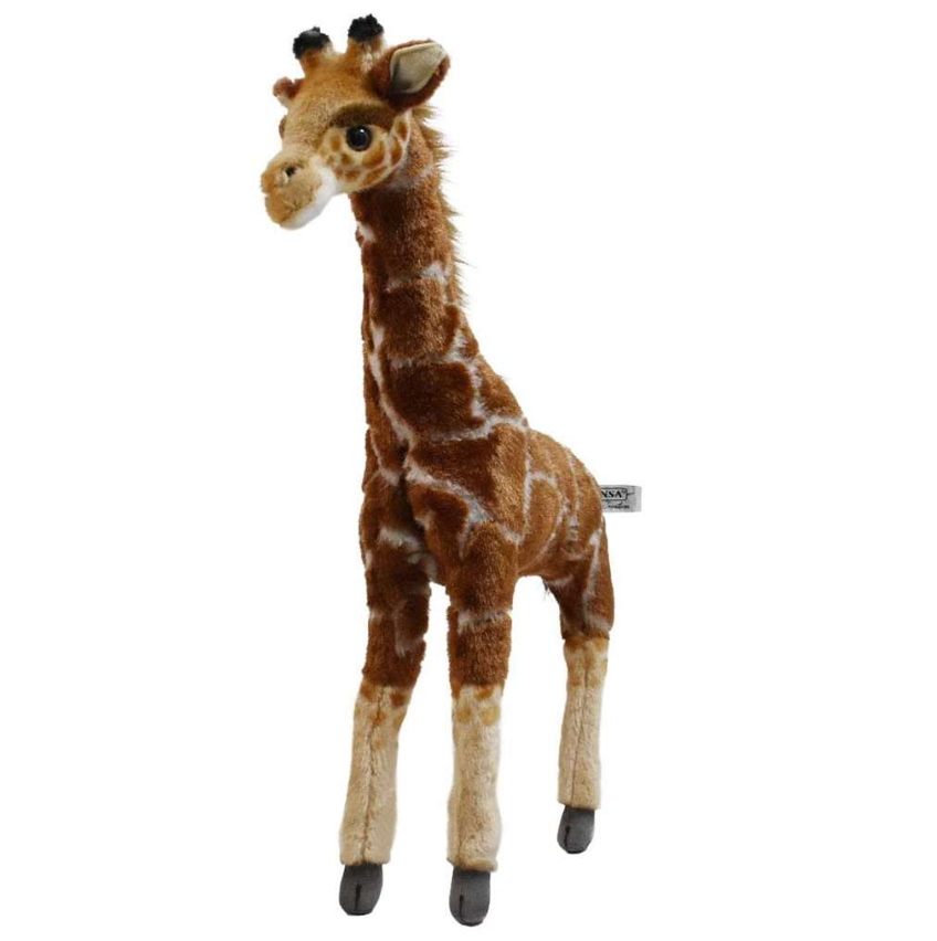 The Baby Giraffe Stuffed Animal features brown and white fur, black hooves, small horns, and stands upright on all fours. Hand sewn by HANSA with realistic details and a side tag, it offers a lifelike plush design.