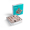 The Cuboro Wave Marble Run Extra Set is displayed with light wooden blocks arranged in a tray and a metal marble. The product box, with a turquoise background and track image, stands upright behind the tray.