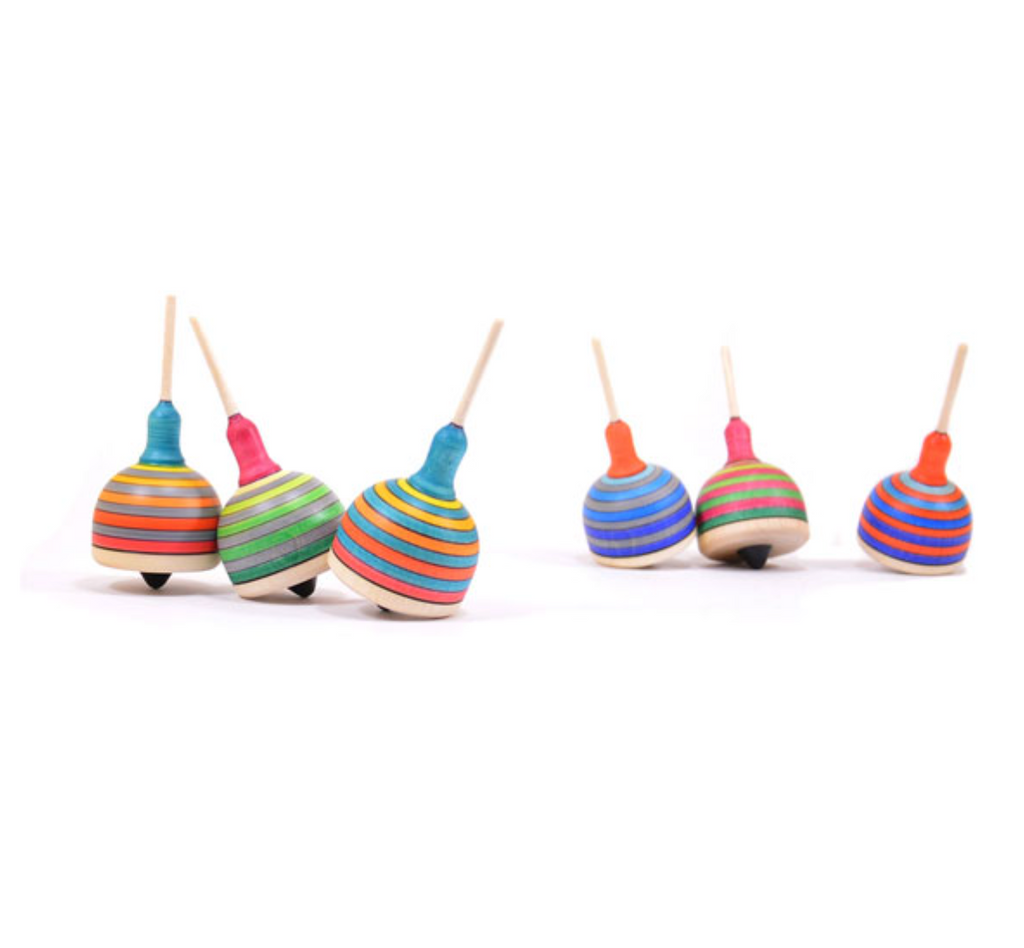 The Mader Fridolin Spinning Top - Blue and Yellow features a sturdy stick handle and vibrant patterns in blue and yellow, crafted from quality maple wood. This classic fingertop spinning toy stands upright or tilted against a white background.