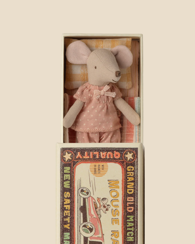 The Pre-order: Maileg Big Sister Mouse in Matchbox (Expected arrival by: 03/01/26) features a mouse in pink pajamas resting on a striped pillow and mattress inside a vintage-style matchbox with an illustrated lid.