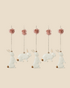 Pre-order the Maileg Metal Ornament Set - Easter Bunny, arriving 02/15/26. This set features five white bunnies with brown tails, twine loops, and pink flower accents—perfect hand-painted decor for your Easter display.