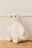 Snuggle Bunnies - Rose The Duck is a plush white duck toy with a beige beak and feet, made from super soft fabric, displayed on a wooden surface against a plain white background.