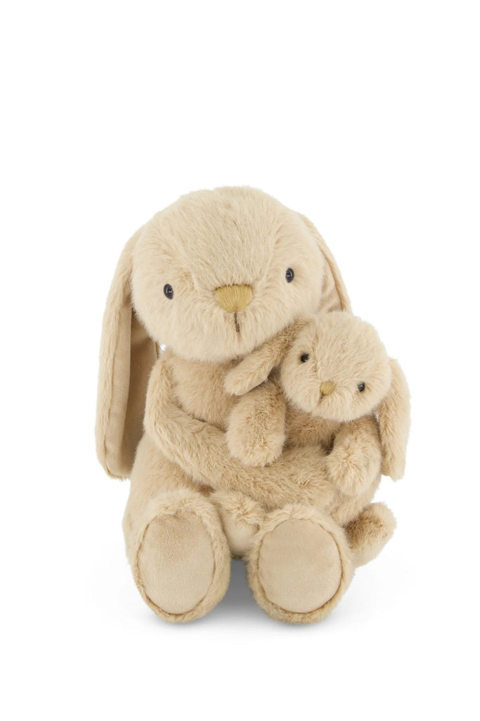 The Snuggle Bunnies - Frankie the Hugging Bunny - Caramel set features a soft caramel plush bunny holding a matching smaller bunny, both with floppy ears and simple embroidered details, displayed against a plain white background.
