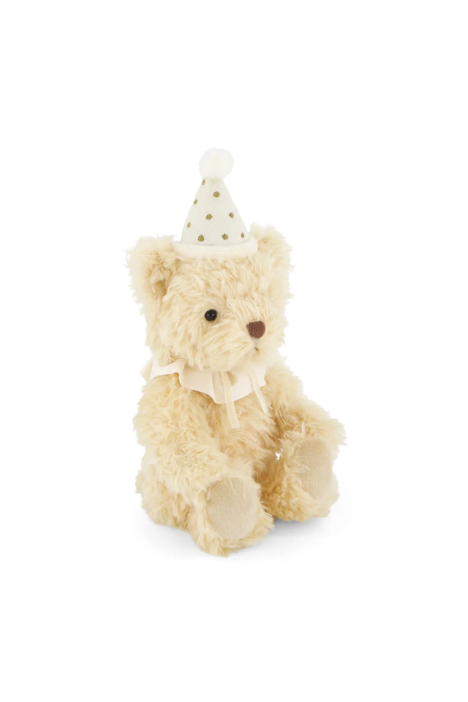 Snuggle Bunnies - Birthday Arthur - Ivory cream-colored plush toy wearing a party hat with gold polka dots and a ruffled collar.
