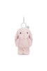 The Snuggle Bunnies - Penelope Keyring - Blossom is a soft light pink bunny bag charm with long floppy ears, black button eyes, a small nose, silver keyring and clasp on its head, and a heart-shaped tag for extra cuteness.
