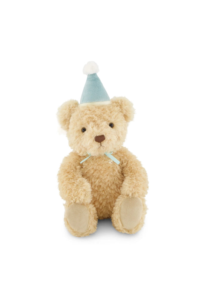 Snuggle Bunnies - Birthday Arthur - Sky is a light brown, fluffy bear plush with a blue party hat, white pom-pom, and matching ribbon, sitting upright—an adorable keepsake gift for birthdays.