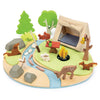 The Wildlife Camping Playset features a wooden campsite with a tent, campfire, trees, and animals like foxes, a rabbit, deer, and bear. Ideal for imaginative play and storytelling, this colorful scene beautifully captures natural details.