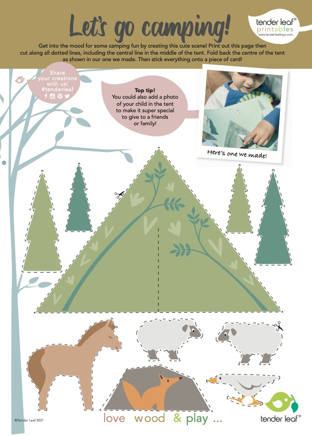 The Wildlife Camping Playset features a cut-out tent template, trees, llamas, sheep, and a forest background to spark imaginative play. Includes dotted lines for easy cutting and decorating tips. Encourages crafting and storytelling by sharing your creations on social media.