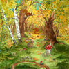 A charming fairytale atmosphere is created by the Silhouette Only - Autumn Forest for Toverlux Lamp, which features a whimsical scene of autumn trees and dappled sunlight. A rabbit and squirrel linger near colorful mushrooms, including a red-capped toadstool, as Magic Silhouettes dance around a tiny house with a red roof nestled among the foliage. This product ships in approximately one week.