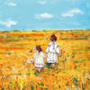 Two children in white dresses, captured as magic silhouettes, walk hand in hand through a vibrant, golden-yellow field beneath a bright blue sky with scattered white clouds. This serene and joyful scene is beautifully depicted in the Silhouette Only - Sisters for Toverlux Lamp, available for shipping in approximately one week.