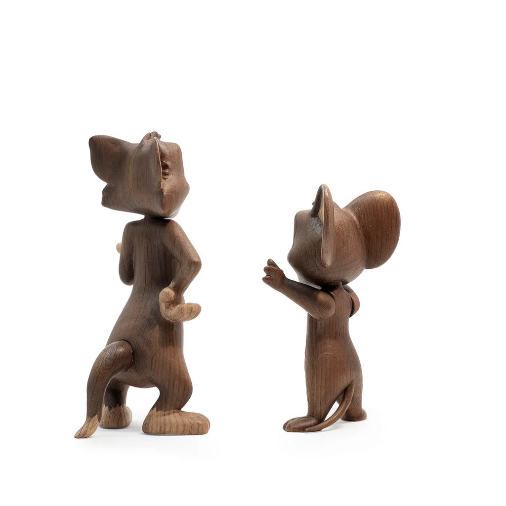 The Boyhood Tom & Jerry - Jerry is a wooden collectible toy depicting Jerry mouse with expressive features, reaching up and facing a taller cat character in a playful pose inspired by the classic cartoon.