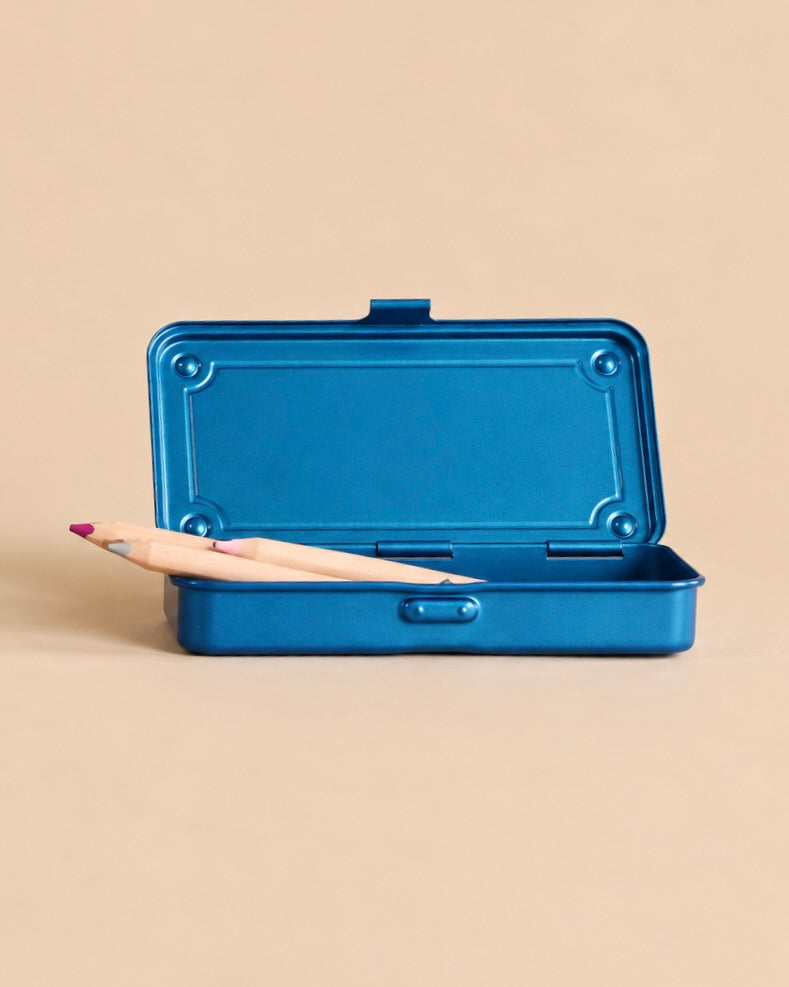 Open blue Toyo - Steel Stackable Storage Box T-192 containing two colored pencils.