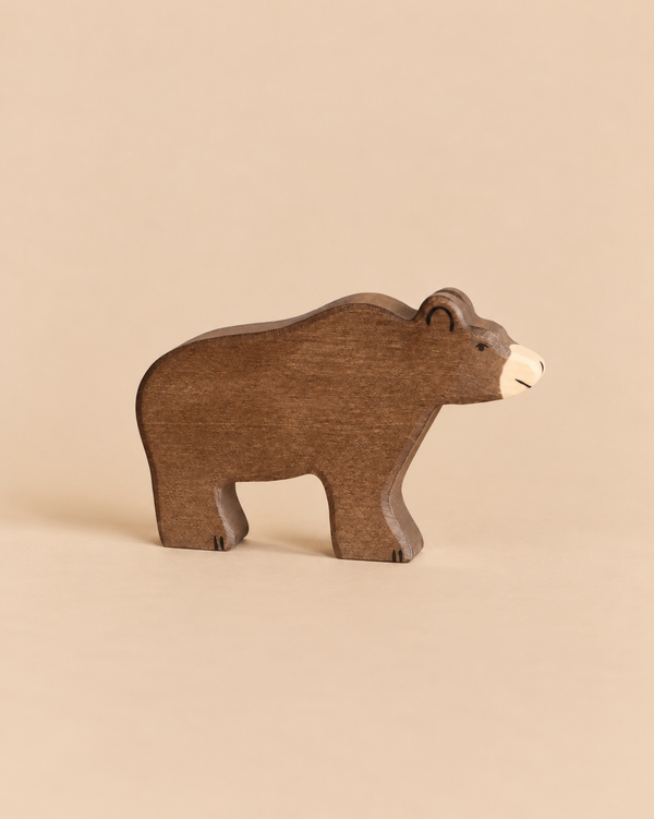 Holztiger Brown Bear handcrafted wooden toy figurine in brown with a cream-colored snout, perfect for open-ended play.