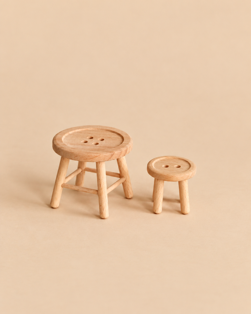 Two light-colored wooden Maileg Table & Stool, Mouse Size, with button-shaped seats, one larger than the other, serving as a charming mouse table and chair set.