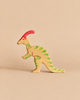 Handcrafted Holztiger Parasaurolophus Dinosaur figure with a red crest and green-striped tan body.