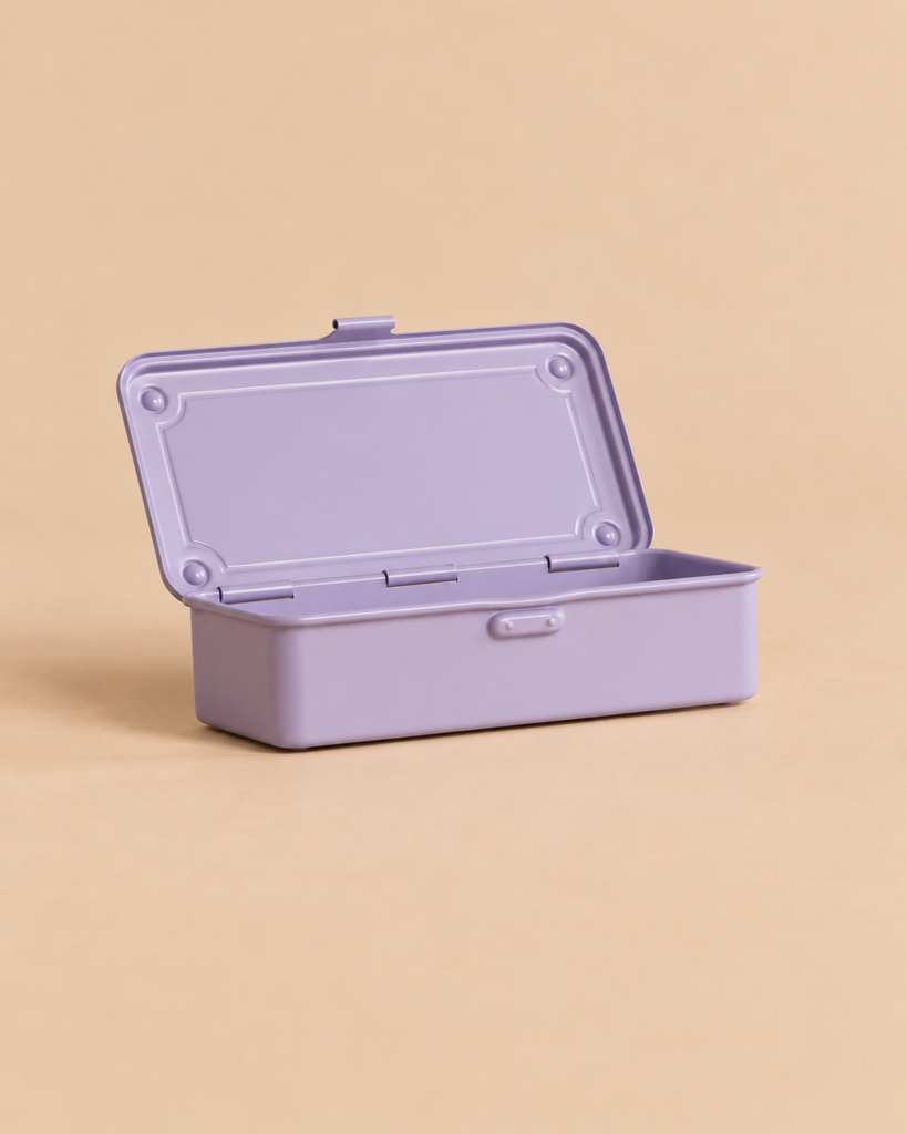 An open rectangular lilac Toyo - Steel Stackable Storage Box T-190 toolbox with a hinged lid.