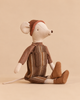 A Maileg Medium Mice Set toy mouse wearing a brown knitted cap, a long-sleeved shirt, striped overalls, and felt shoes.