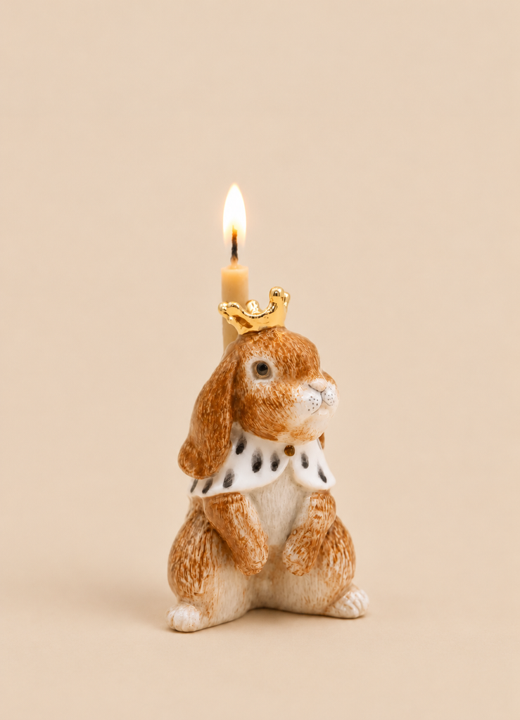 Highness Hare Cake Topper featuring a brown porcelain rabbit figurine with a gold crown, ermine-patterned cape, and a lit birthday candle rising from behind its head.