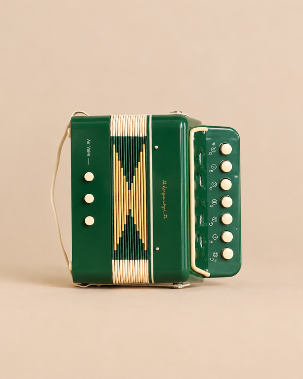 Konges Sloejd Accordian, a green 10-key button toy accordion with cream-colored bellows.