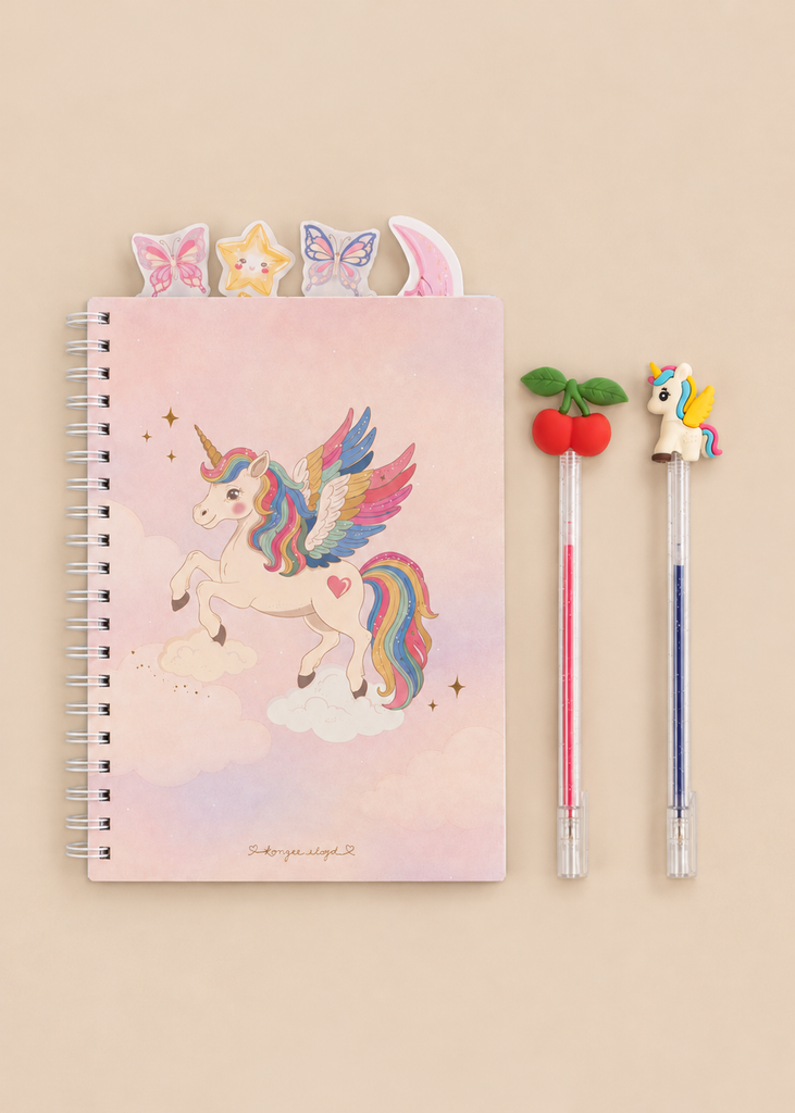Konges Sloejd My Stationery Box - Unicorn: an A5 spiral-bound notebook featuring a winged unicorn, with four decorative page markers at the top and two glitter gel pens topped with a cherry and a unicorn.