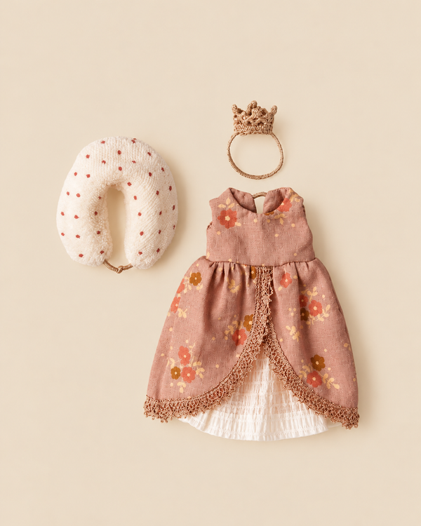 Maileg Queen Dress, Mum Mouse featuring a pink floral princess dress, a small gold crown, and a white polka-dot neck pillow.