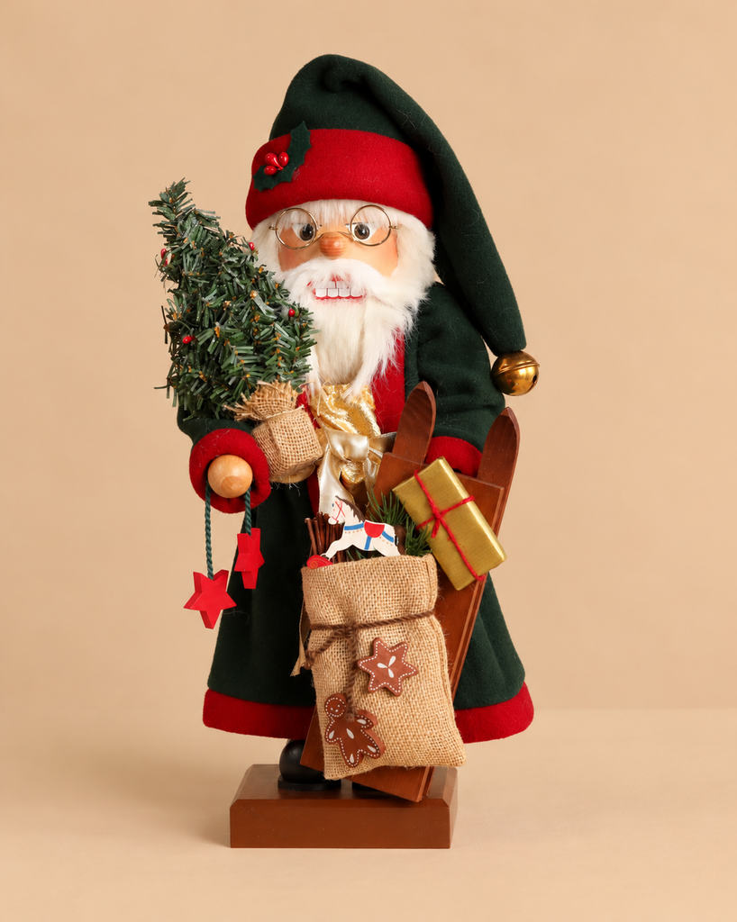 Christian Ulbricht Collectible Wooden Nutcracker - Santa with Christmas Gifts in a dark green coat and matching hat, carrying a small Christmas tree, a sack of gingerbread-shaped ornaments, and a wooden sled with a gift.