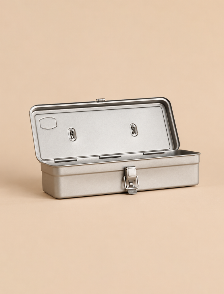 Open silver Multi-Purpose Steel Storage Tool Box T-320 with a front latch.