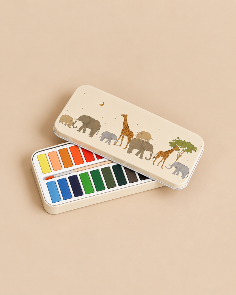 Konges Sloejd Water Colors Paint Set - Safari in a rectangular tin box, featuring a brush and a lid decorated with illustrations of safari animals.