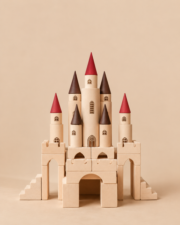 A magical Sabo Concept Great Kingdom Building Set constructed from 65 pieces of light-toned wooden building blocks, featuring cylindrical towers with red and dark brown pointed roofs.