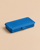 A rectangular blue Toyo - Steel Stackable Storage Box T-192, a Japanese steel toolbox with a hinged lid.