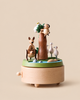A Wooden Australian Safari Park Music Box featuring a kangaroo with a joey, a koala on a tree, and three birds around a small pond.