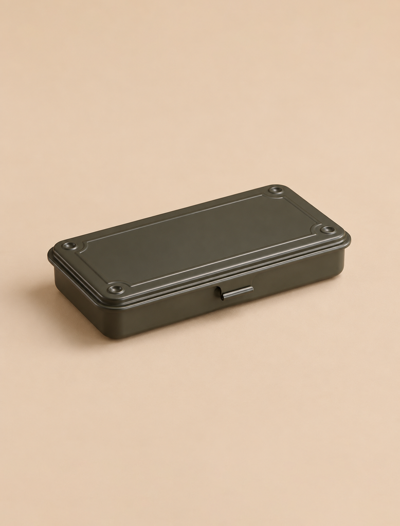 A rectangular military green Toyo - Steel Stackable Storage Box T-192 featuring a hinged lid.