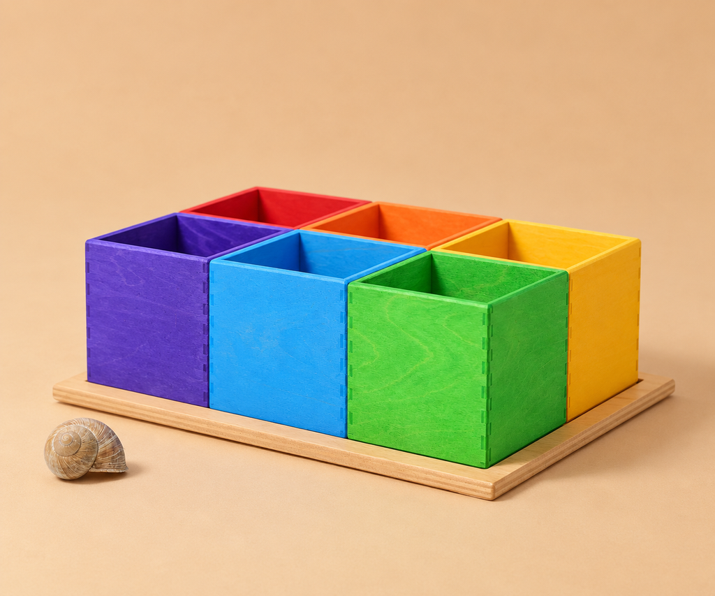 Grimm’s Small 6 Piece Rainbow Box Sorter featuring six square, rainbow-colored wooden boxes arranged in two rows on a wooden tray, with a single snail shell beside them.