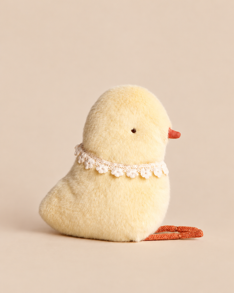 Maileg Chicken Plush, a soft yellow plush chicken toy wearing a white lace collar.