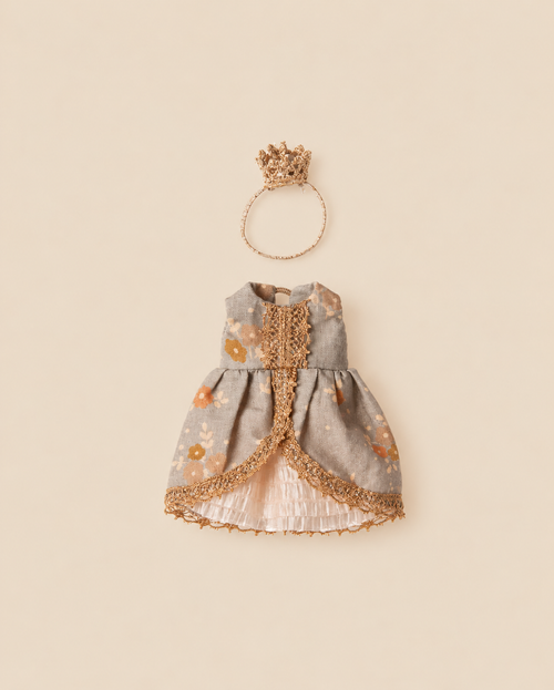 Maileg Princess Dress, Big Sister Mouse with a floral pattern, gold lace trim, and a matching gold crown.