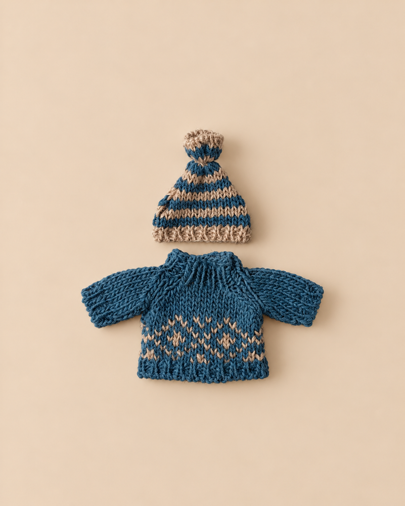A blue and tan striped knit hat sits above a blue sweater featuring a tan Scandinavian geometric pattern for the Maileg Extra Clothing: Knitted Sweater And Hat for Dad Mouse.