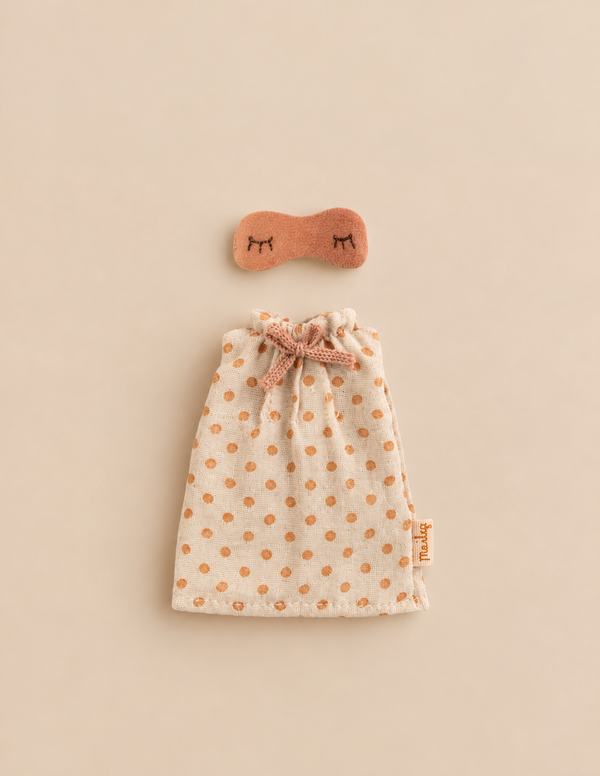Maileg Extra Clothing: Nightgown For Mom Mouse featuring a polka-dot nightgown and a small sleep mask with embroidered closed eyes.