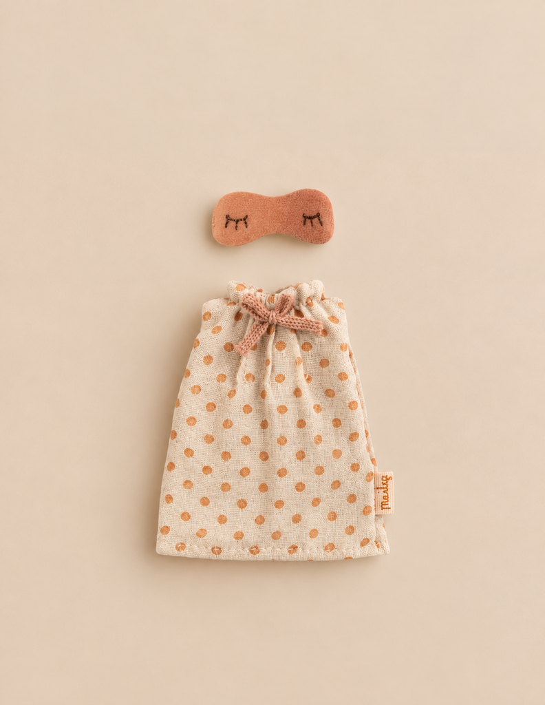 Maileg Extra Clothing: Nightgown For Mom Mouse featuring a polka-dot nightgown and a small sleep mask with embroidered closed eyes.