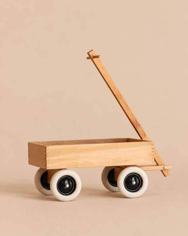 German Beech Wood Wagon With Rubber Wheels featuring a pull handle and four rubber-rimmed wheels.
