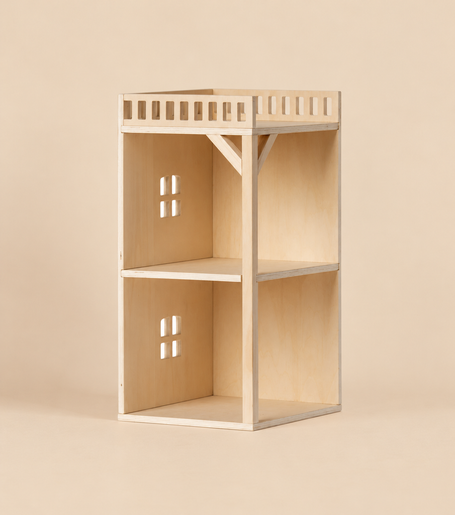 Maileg Farmhouse - Annex Bonus Room: a two-story linden wood dollhouse annex with an open front, a flat roof railing, and cut-out windows on the side panels.
