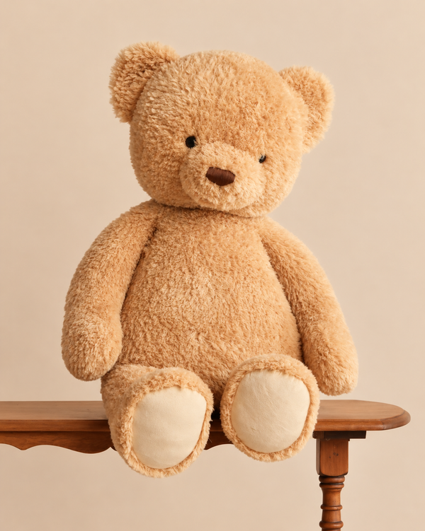 A large, fluffy tan Giant Snuggle Bunnies - Arthur the Bear - XL plush teddy bear sitting on a wooden bench.