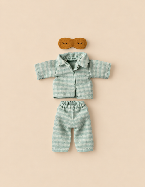 Maileg Extra Clothing: Pyjamas For Dad Mouse, featuring light green and white checkered sleepwear with a collared top and pants, paired with a brown felt sleeping mask with closed eyes.