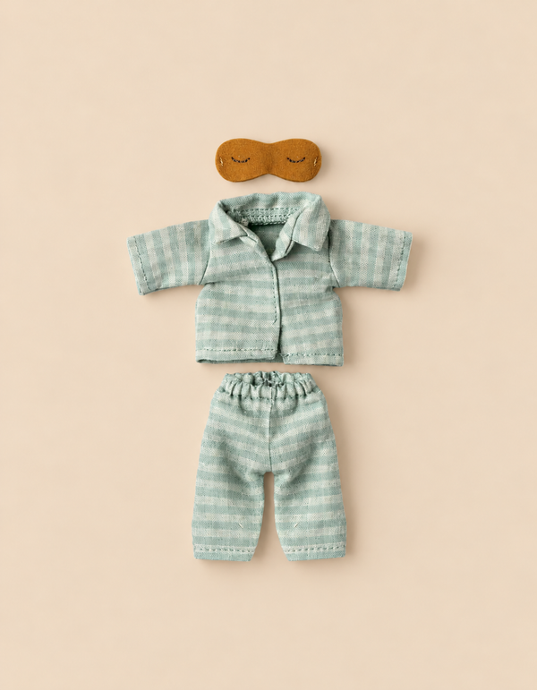 Maileg Extra Clothing: Pyjamas For Dad Mouse, featuring light green and white checkered sleepwear with a collared top and pants, paired with a brown felt sleeping mask with closed eyes.
