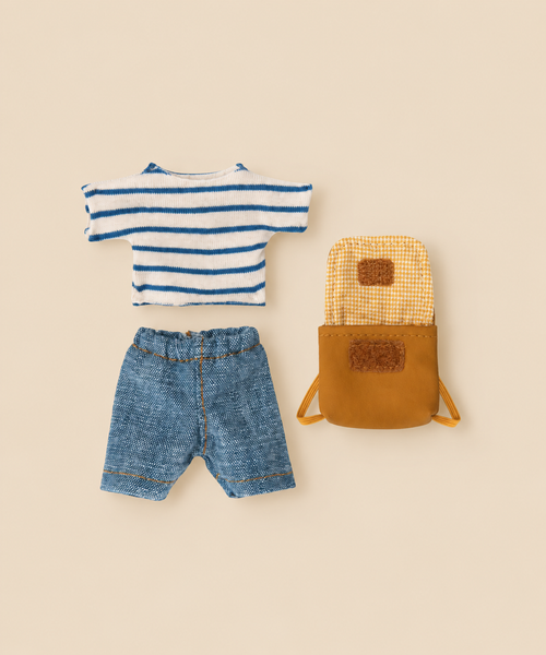 Maileg Extra Clothing: Clothes & Bag for Big Brother outfit consisting of a blue and white striped shirt, denim-look shorts, and a small yellow backpack with a checkered lining.